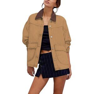 Women's Oversized Denim Jacket with Contrast Trim Long Sleeve Button Down Khaki